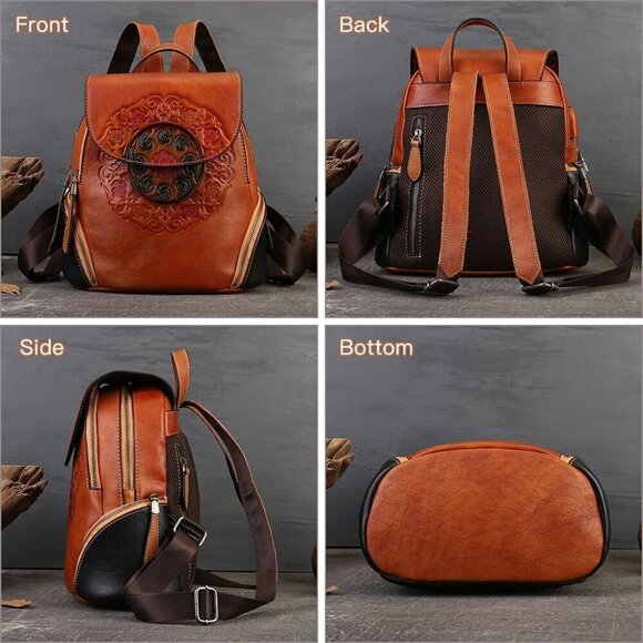 ?Women brown Small Genuine Leather Backpack Fashion Vintage Embossed Totem Bag main image 7